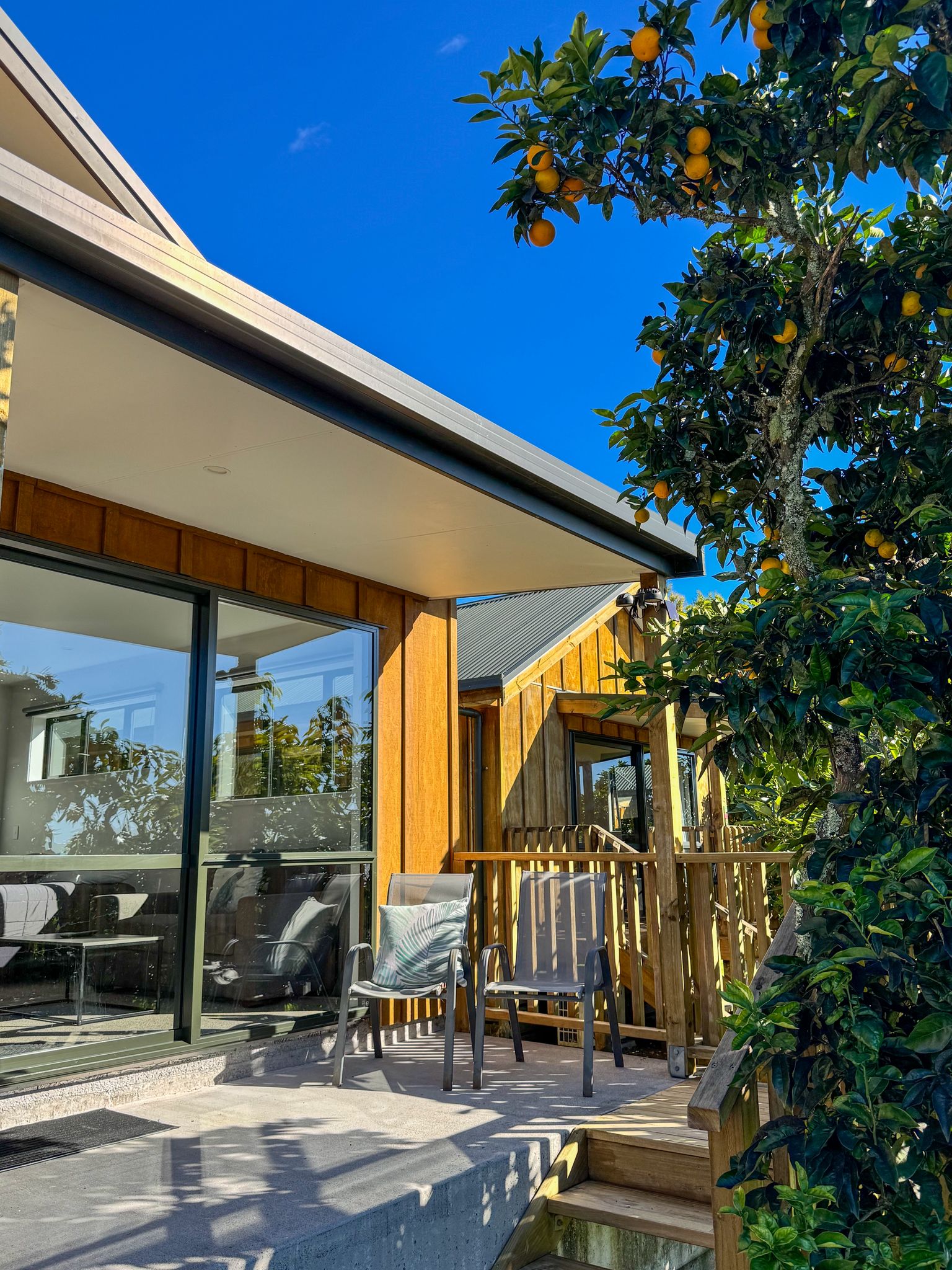 Executive studio exterior with citrus orchard, Kerigold Chalets Kerikeri